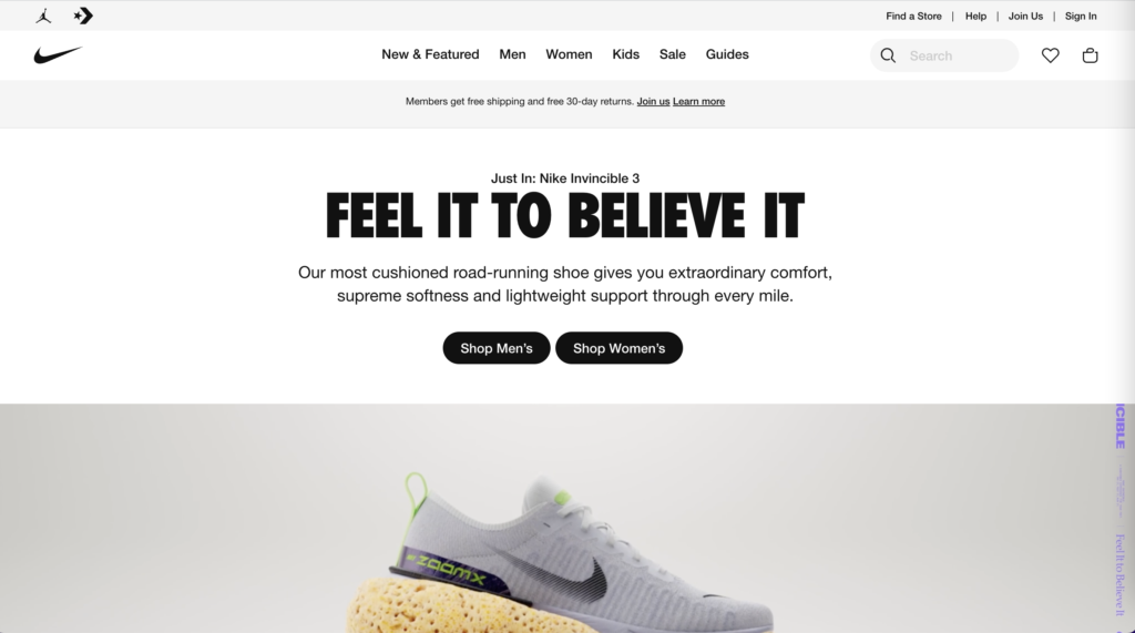 Nike's website, with a navigation banner at the top. A promotion banner below and an ad that says 'Feel it to believe it' with a picture of a trainer. 